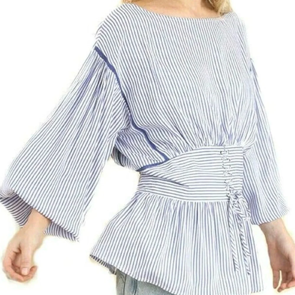 NWT Umgee Striped Puffed Sleeve Corset Top with Scoop Back Blouse Size S - Picture 2 of 9